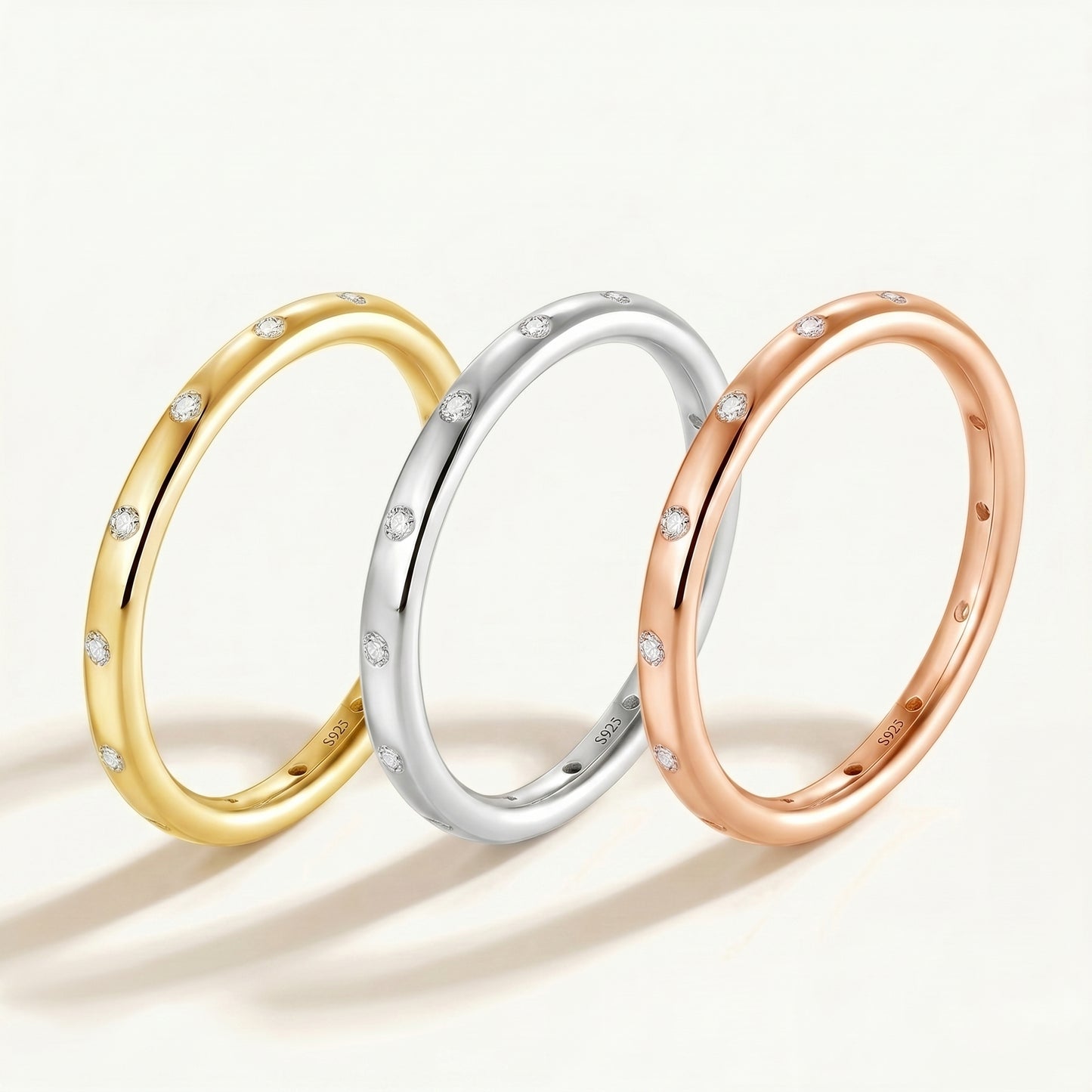 Three-tone S925 silver cz ring set (gold, silver, rose gold)