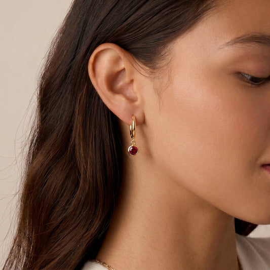 Birthstone cz drop hoop earrings - worn on ear (January Garnet Red)
