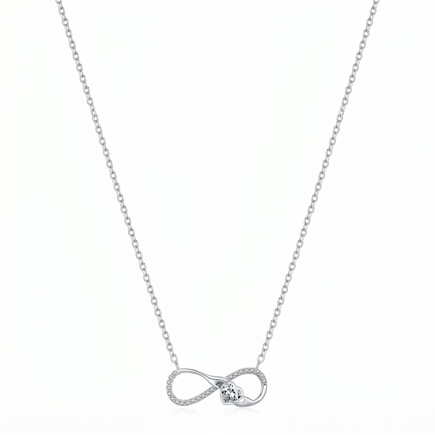 S925 silver infinity cz necklace with heart accent