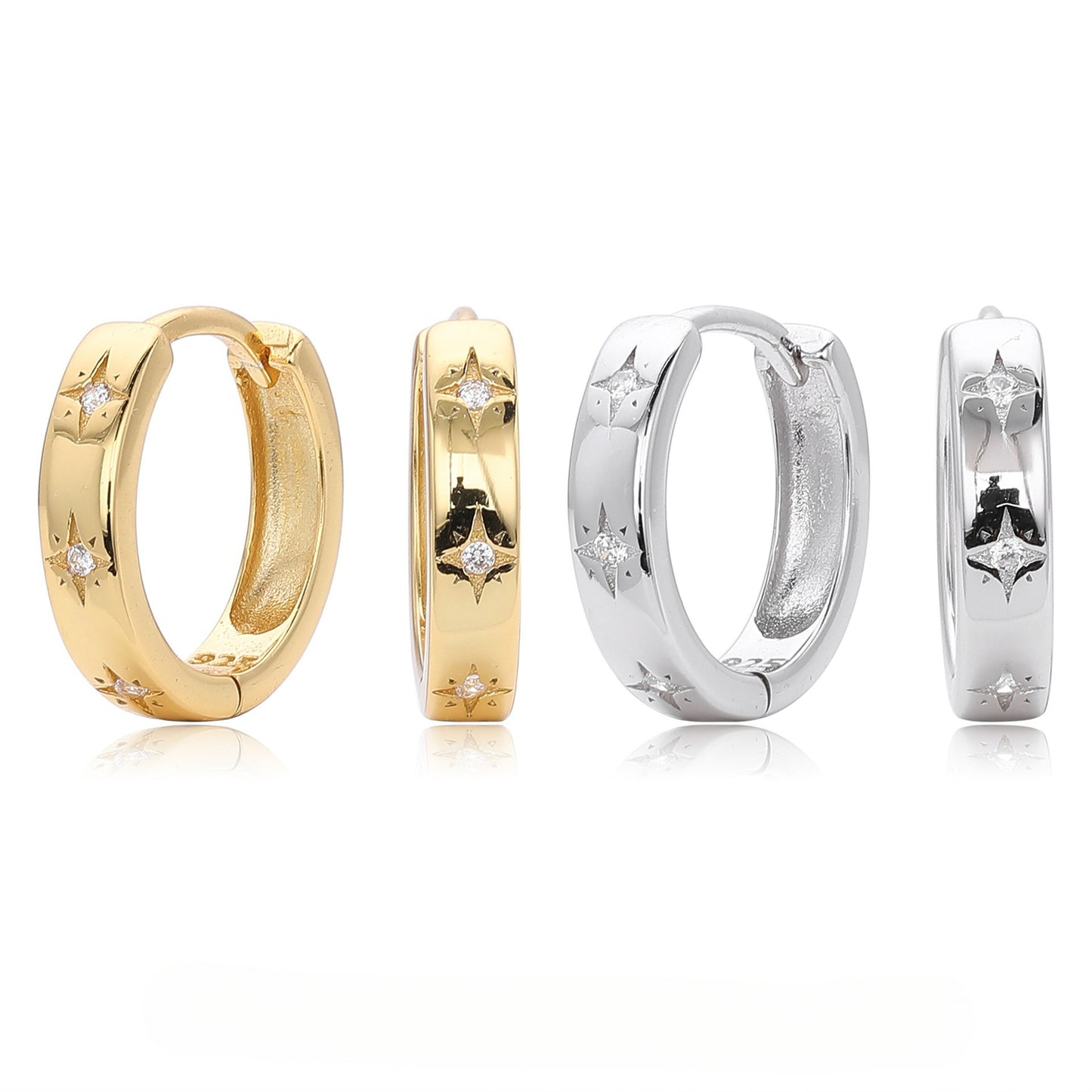 Gold and silver starburst cz huggie hoop earrings collection