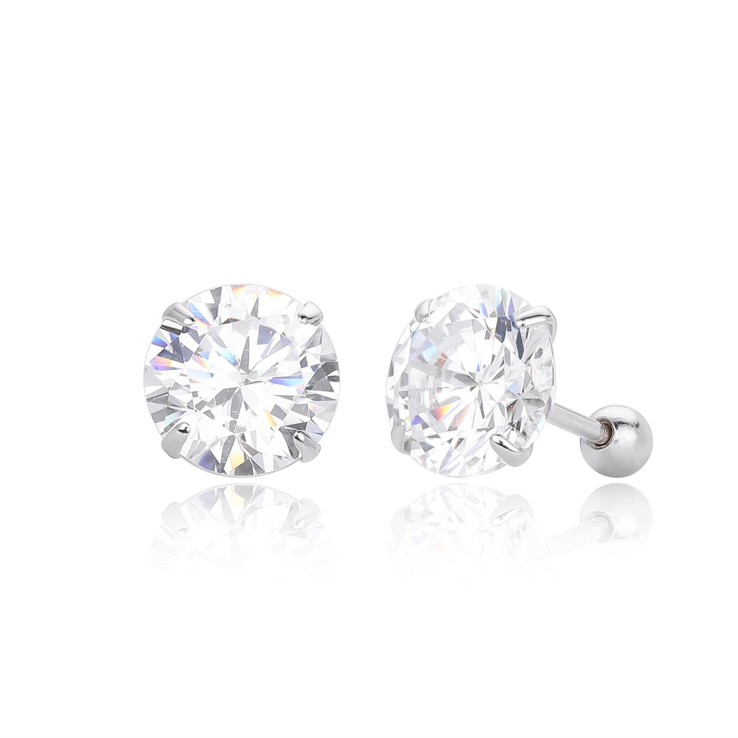 Large size S925 silver 4-prong round cz stud earrings with ball screw back