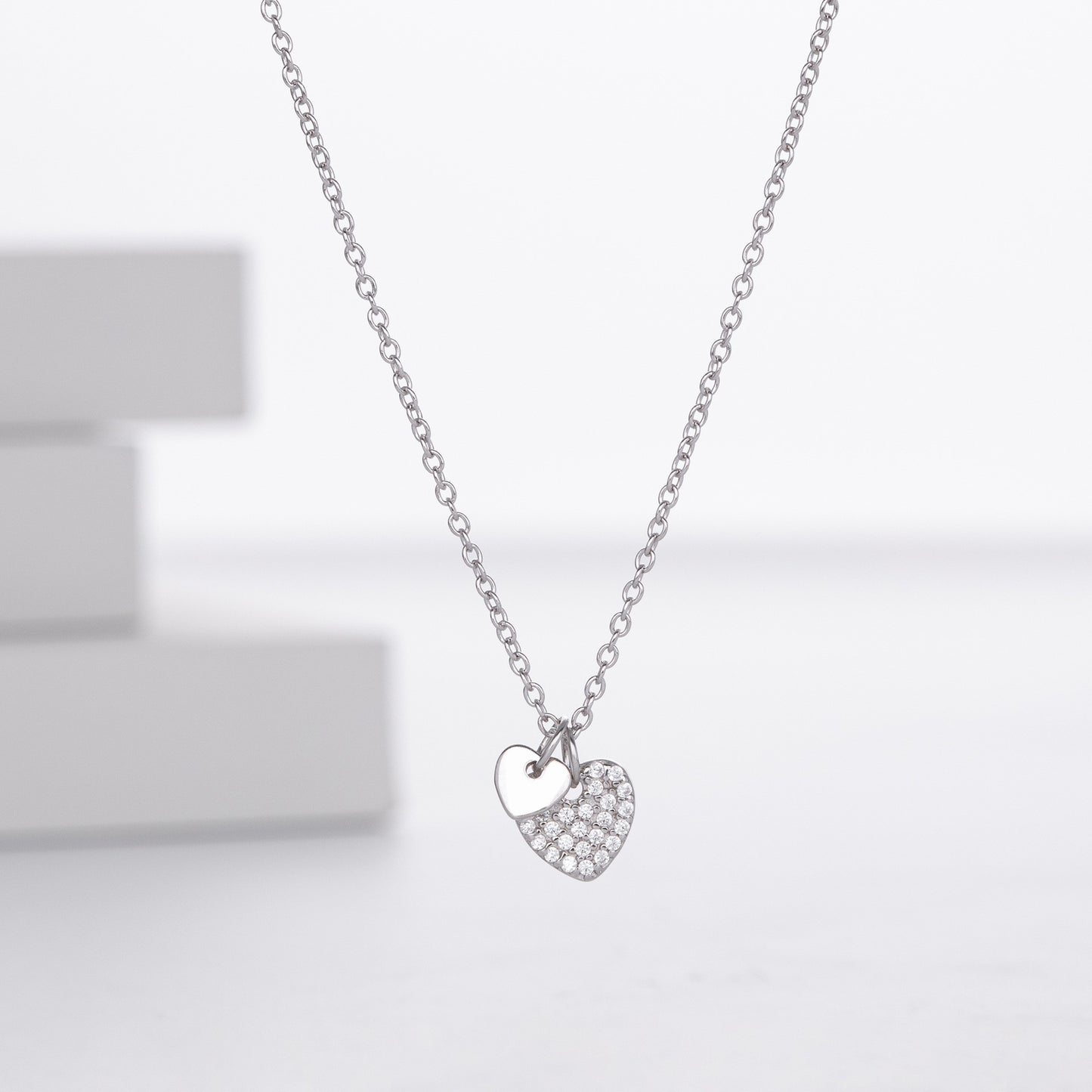 S925 silver dual heart pave cubic zirconia necklace
