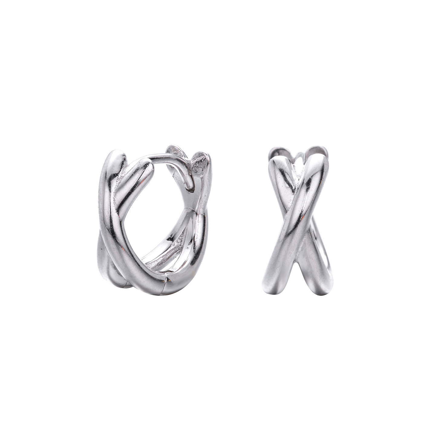 S925 silver crisscross twisted huggie hoop earrings - front and side view