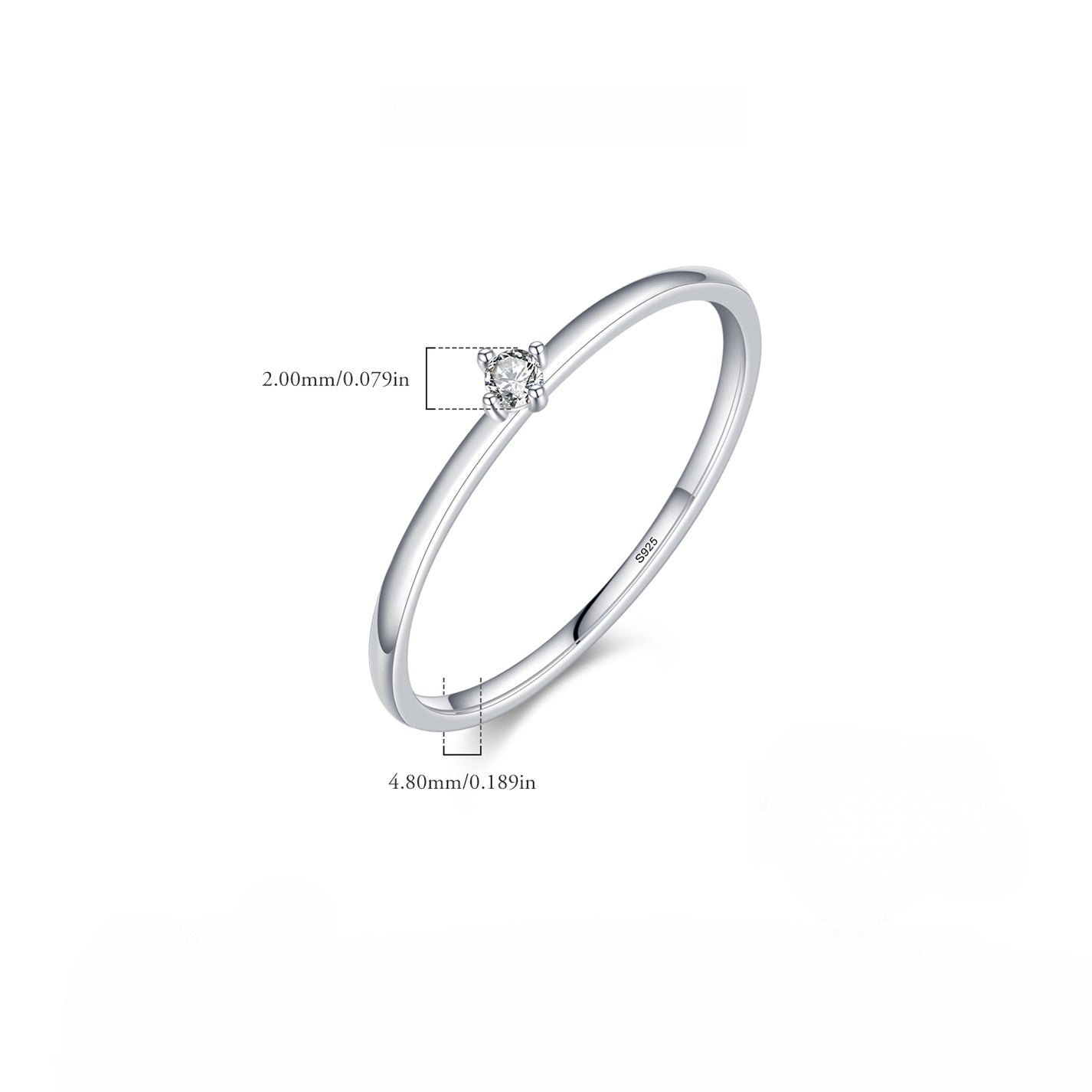 S925 silver rhodium plated minimalist solitaire cz ring with size guide