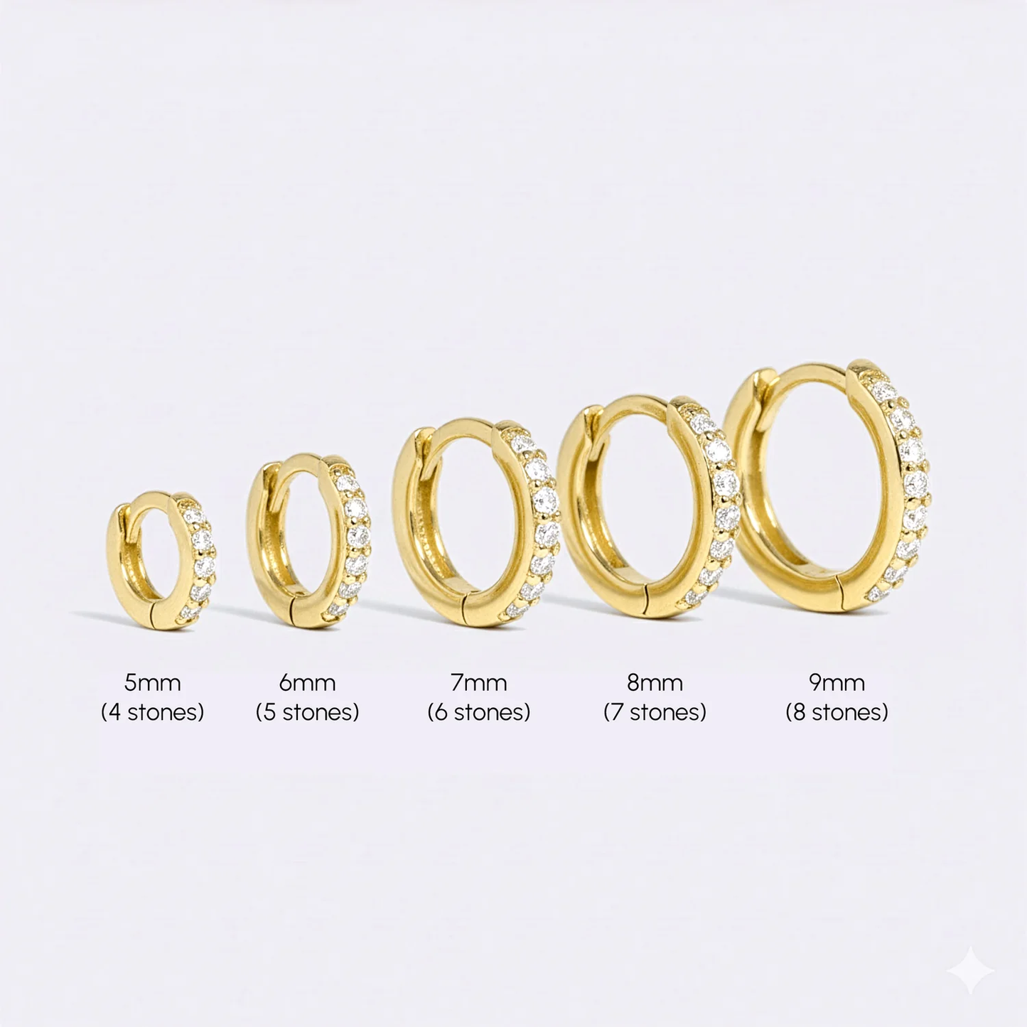 Gold cz huggie hoop earrings size guide diagram
