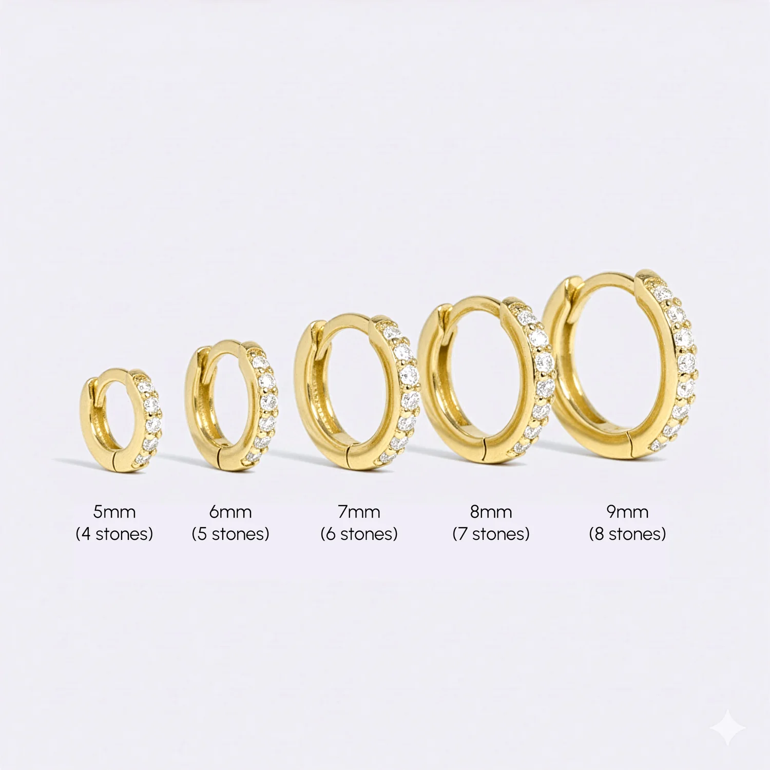 Gold cz huggie hoop earrings size guide diagram