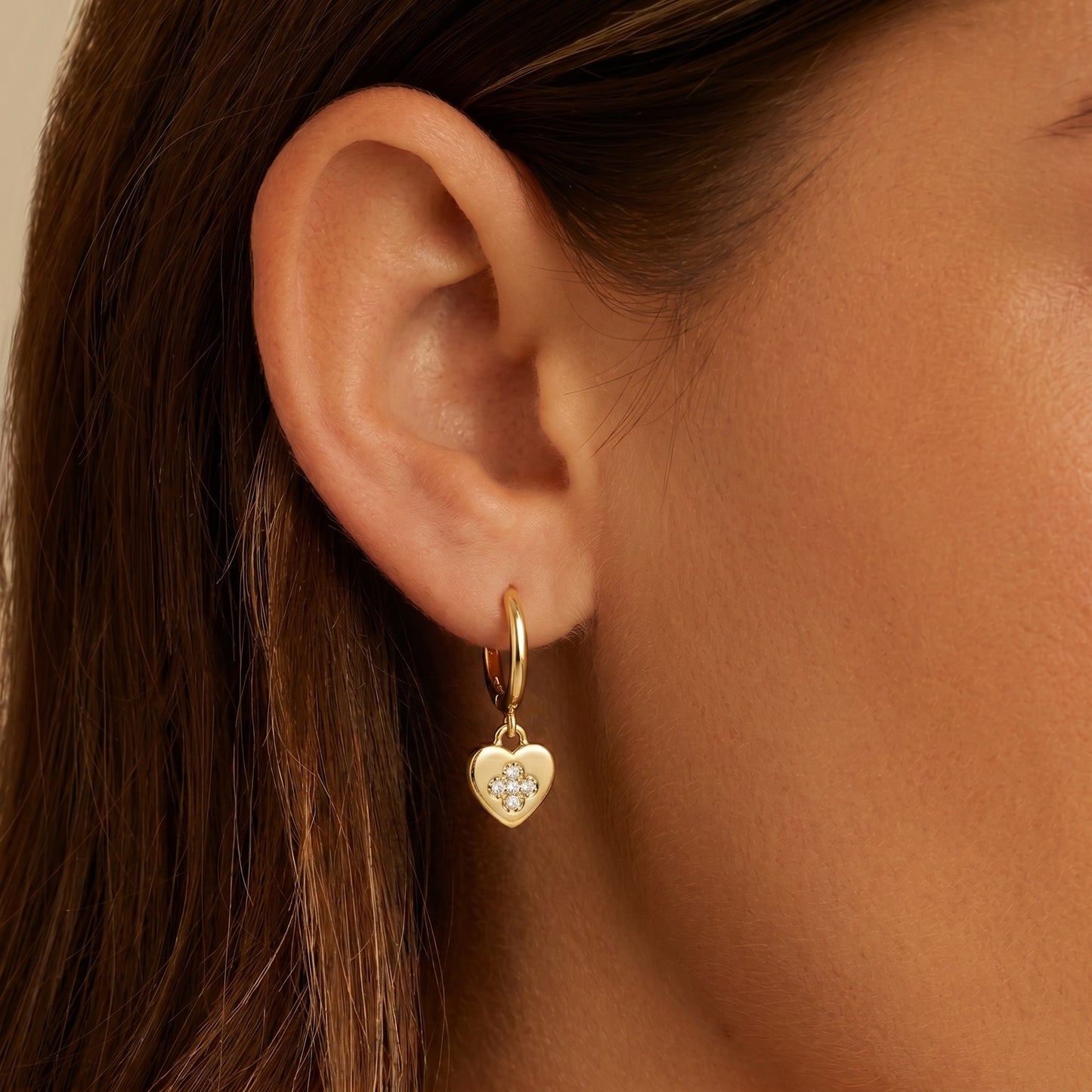 Cz heart drop hoop earrings - worn on ear