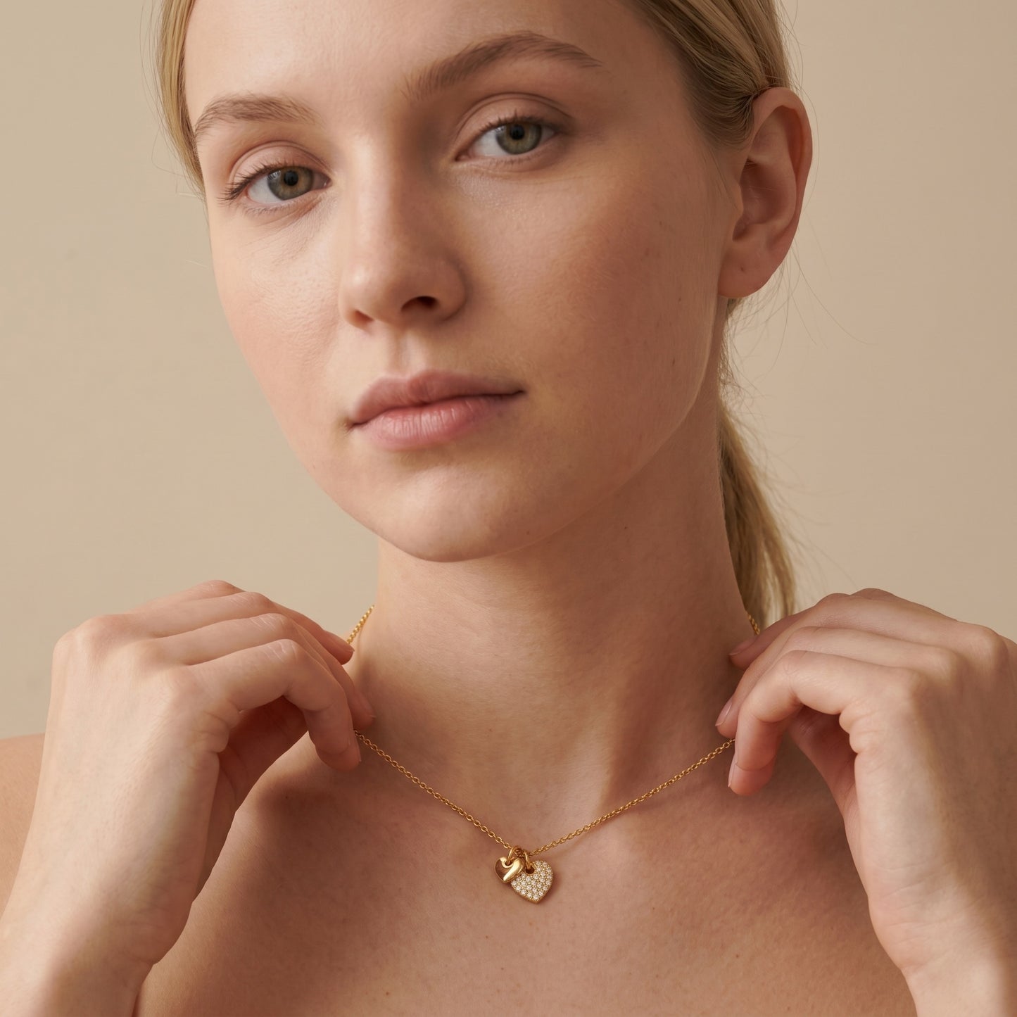 Dual heart pave cz necklace - worn on neck
