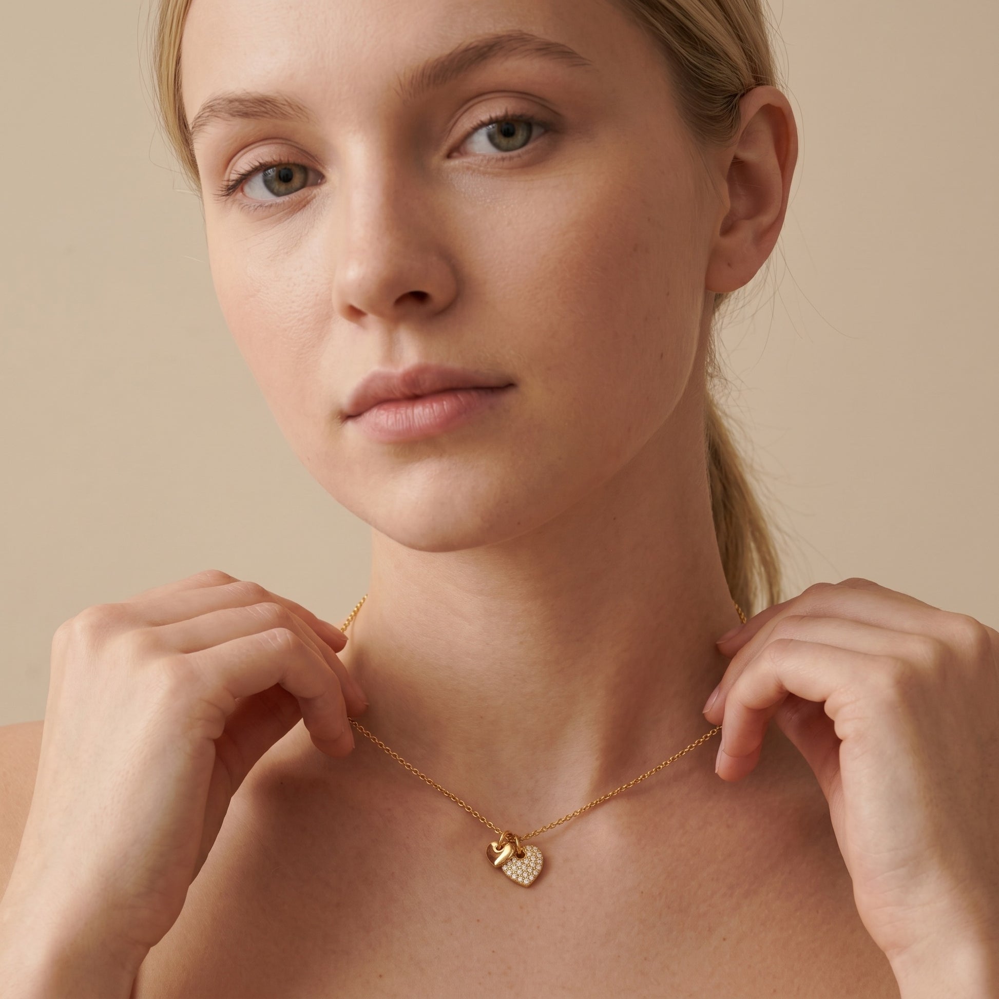 Dual heart pave cz necklace - worn on neck