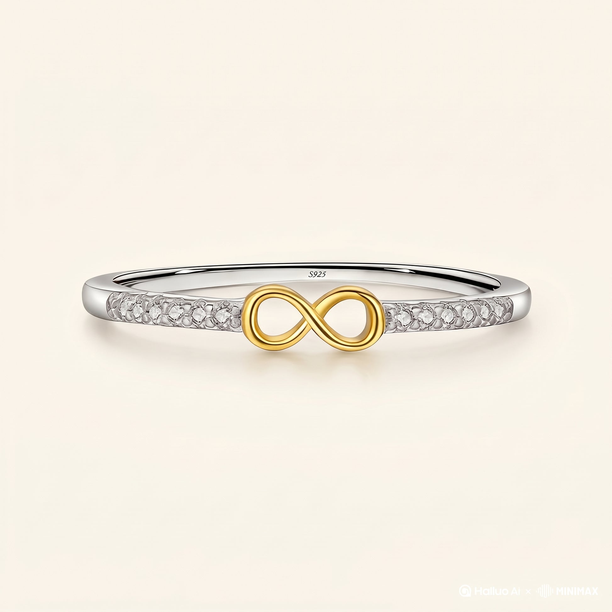 Close-up of two-tone infinity symbol cz ring