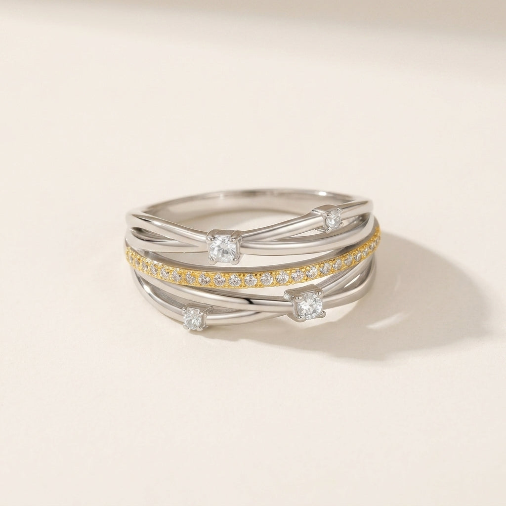 Close-up view of two-tone multi-layer cz ring