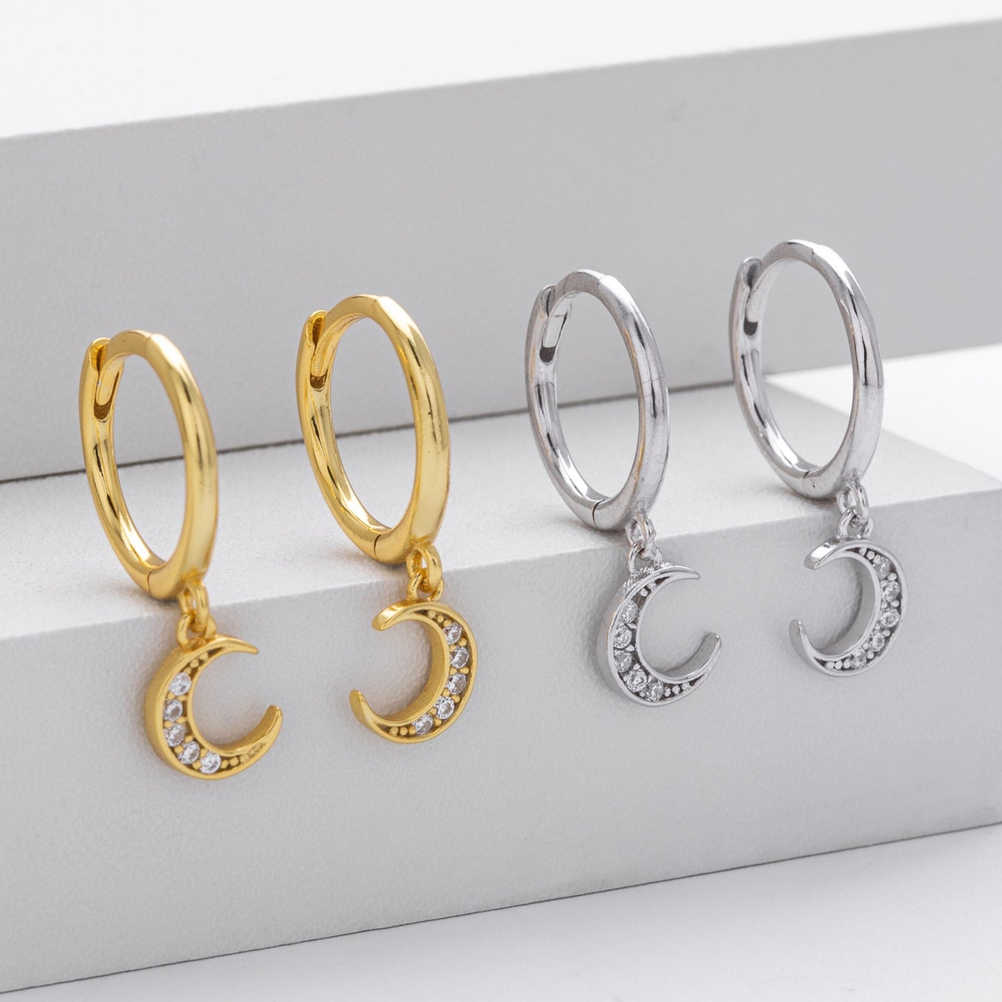 Gold and silver crescent moon cz drop hoop earrings collection