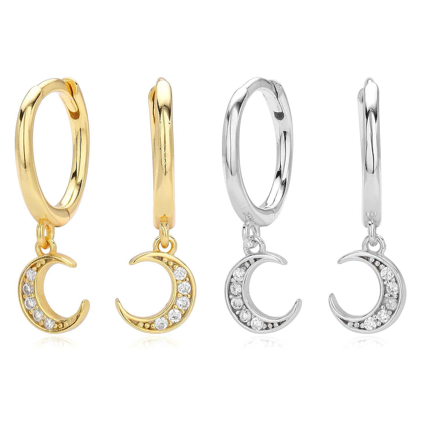 Gold and silver crescent moon cz drop hoop earrings comparison