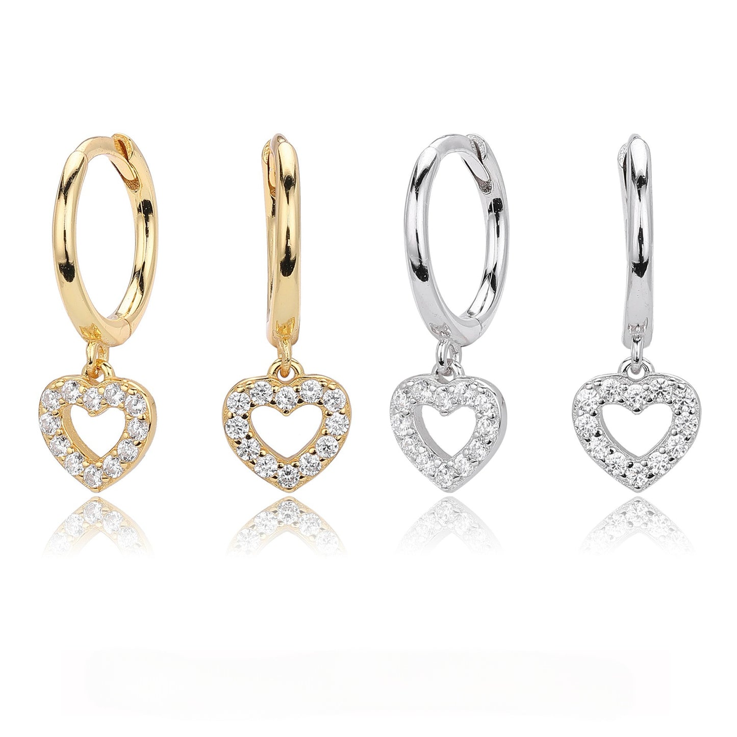 Gold and silver hollow heart cz drop hoop earrings comparison