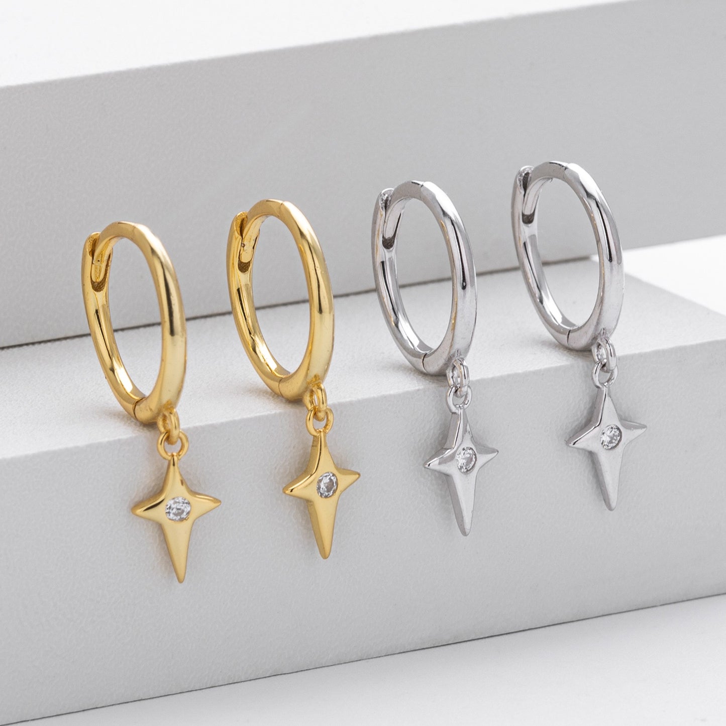 Gold and silver north star cz drop hoop earrings collection