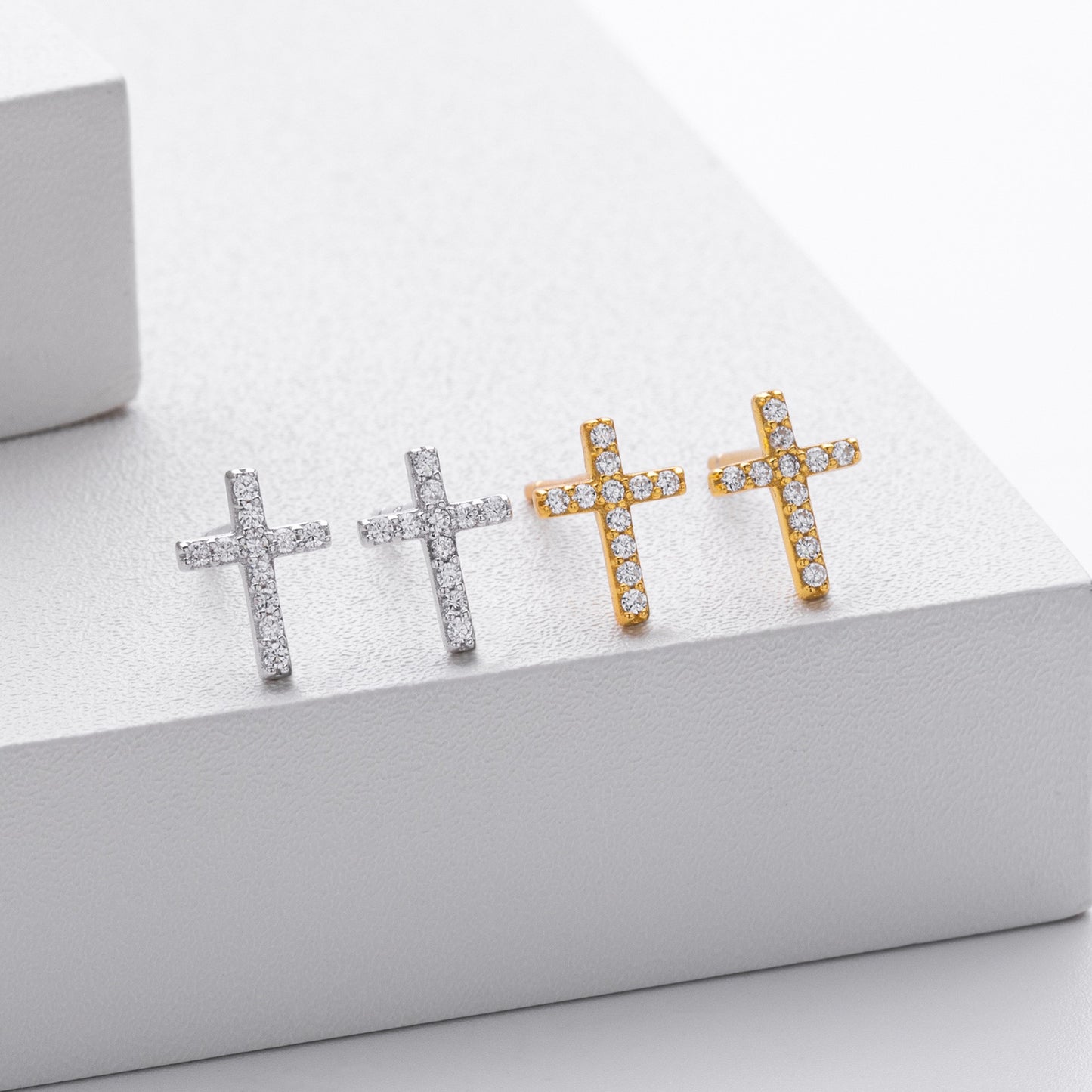 Gold and silver pave cross stud earrings collection