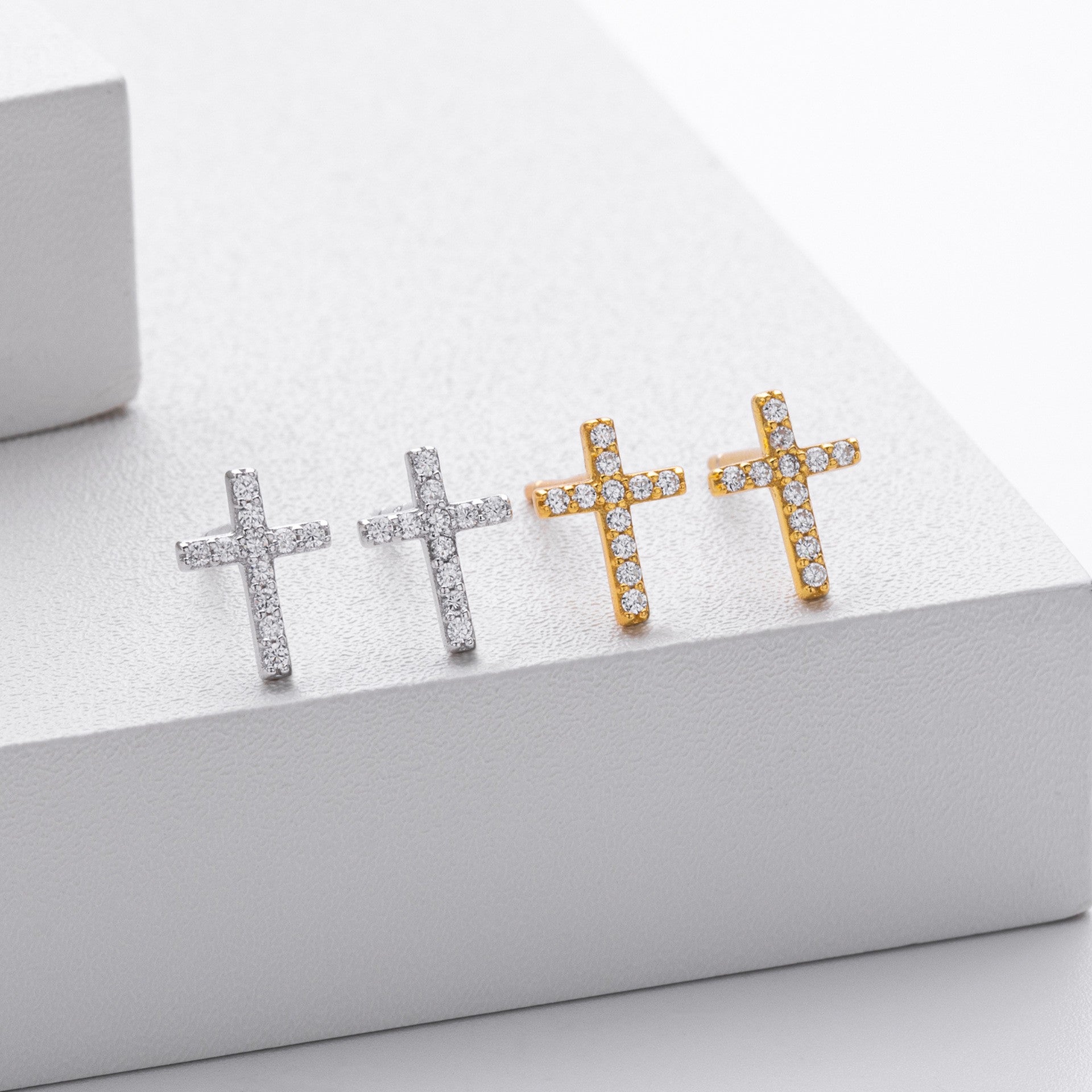 Gold and silver pave cross stud earrings collection