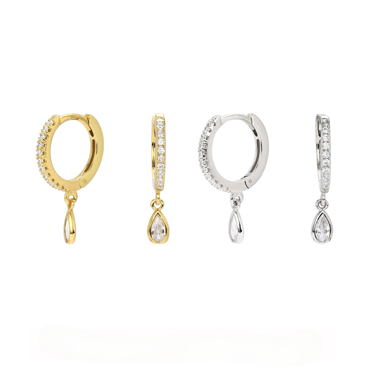 Gold and silver pave teardrop cz drop hoop earrings comparison