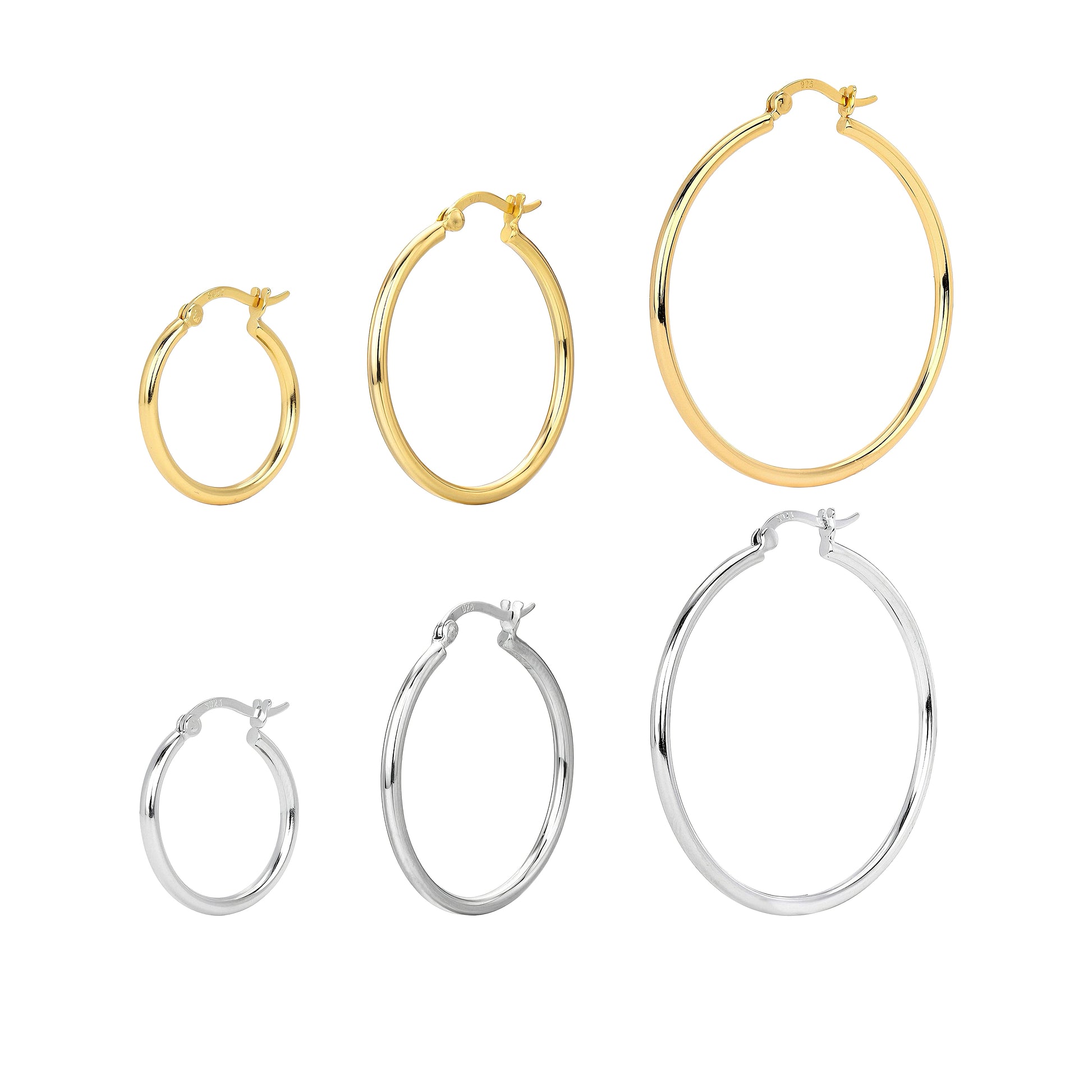 Gold and silver plain hoop earrings collection in different sizes
