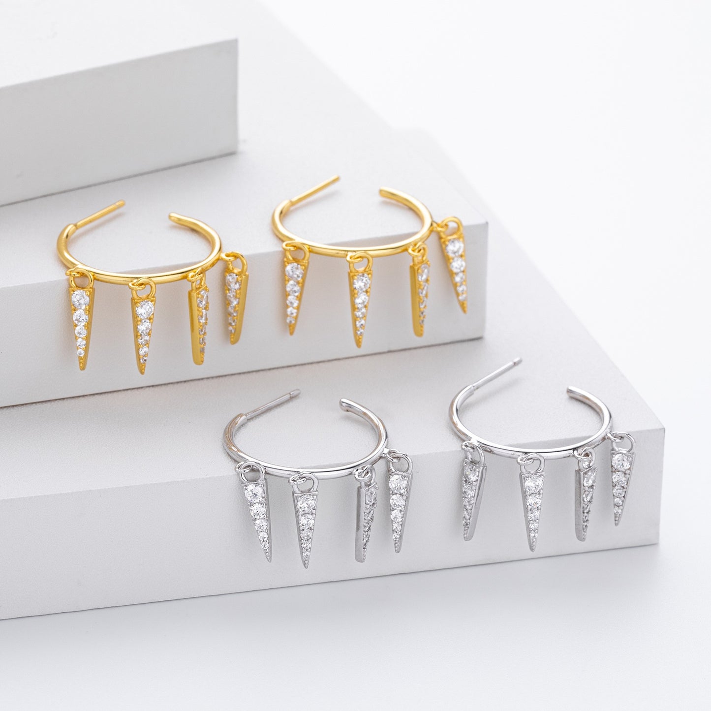 Gold and silver spike cz drop hoop earrings collection