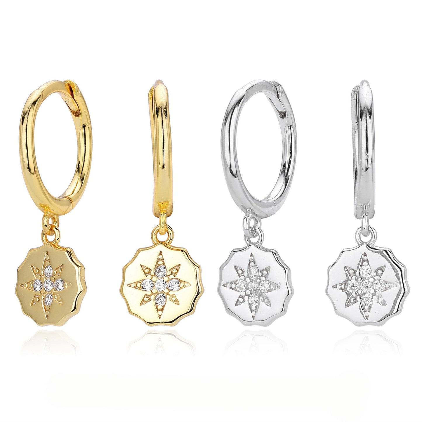 Gold and silver starburst cz drop hoop earrings comparison