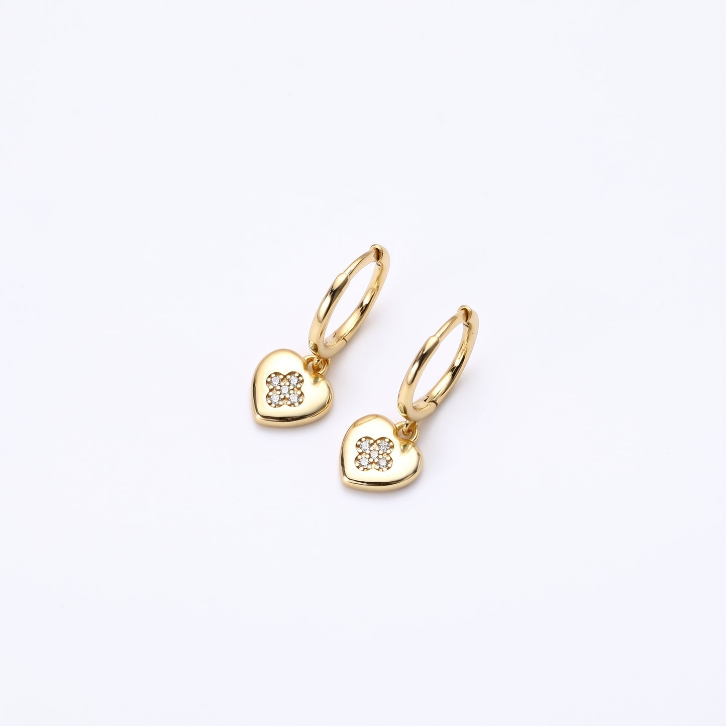 Gold plated cz heart drop hoop earrings close-up