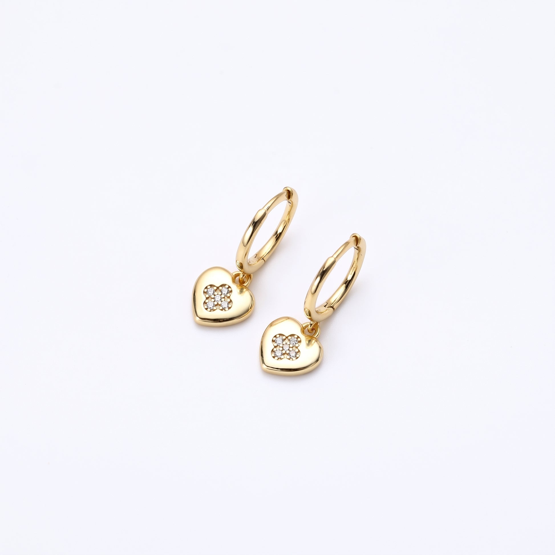 Gold plated cz heart drop hoop earrings close-up