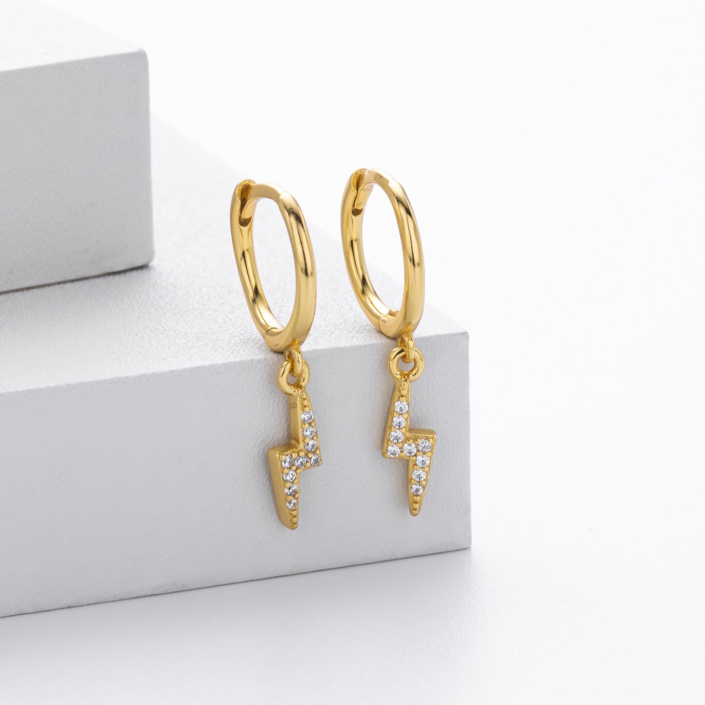 Gold plated lightning bolt cz drop hoop earrings - side view