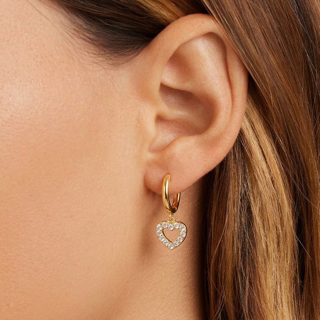Hollow heart cz drop hoop earrings - worn on ear