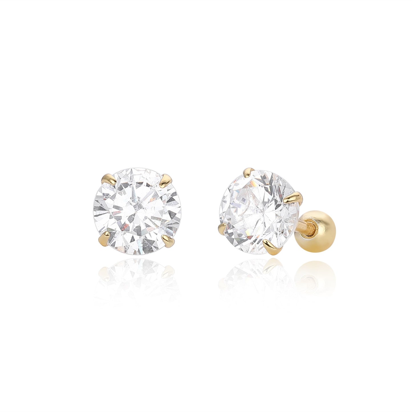 Large size gold plated 4-prong round cz stud earrings with ball screw back