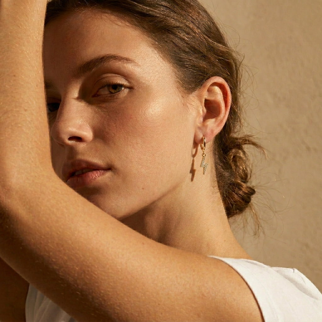Lightning bolt cz drop hoop earrings - worn on ear
