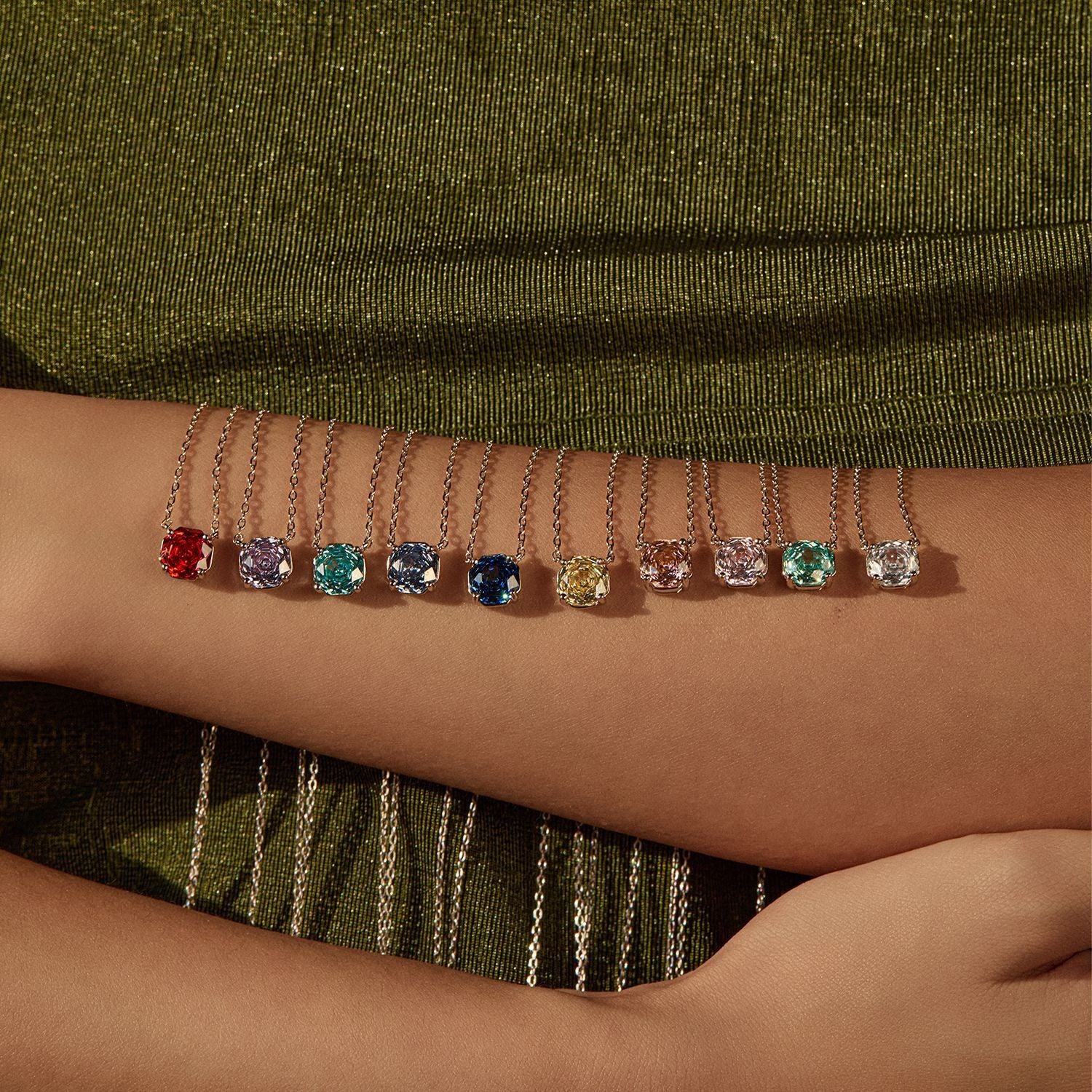 Matching multicolor cz necklace and bracelet set on wrist