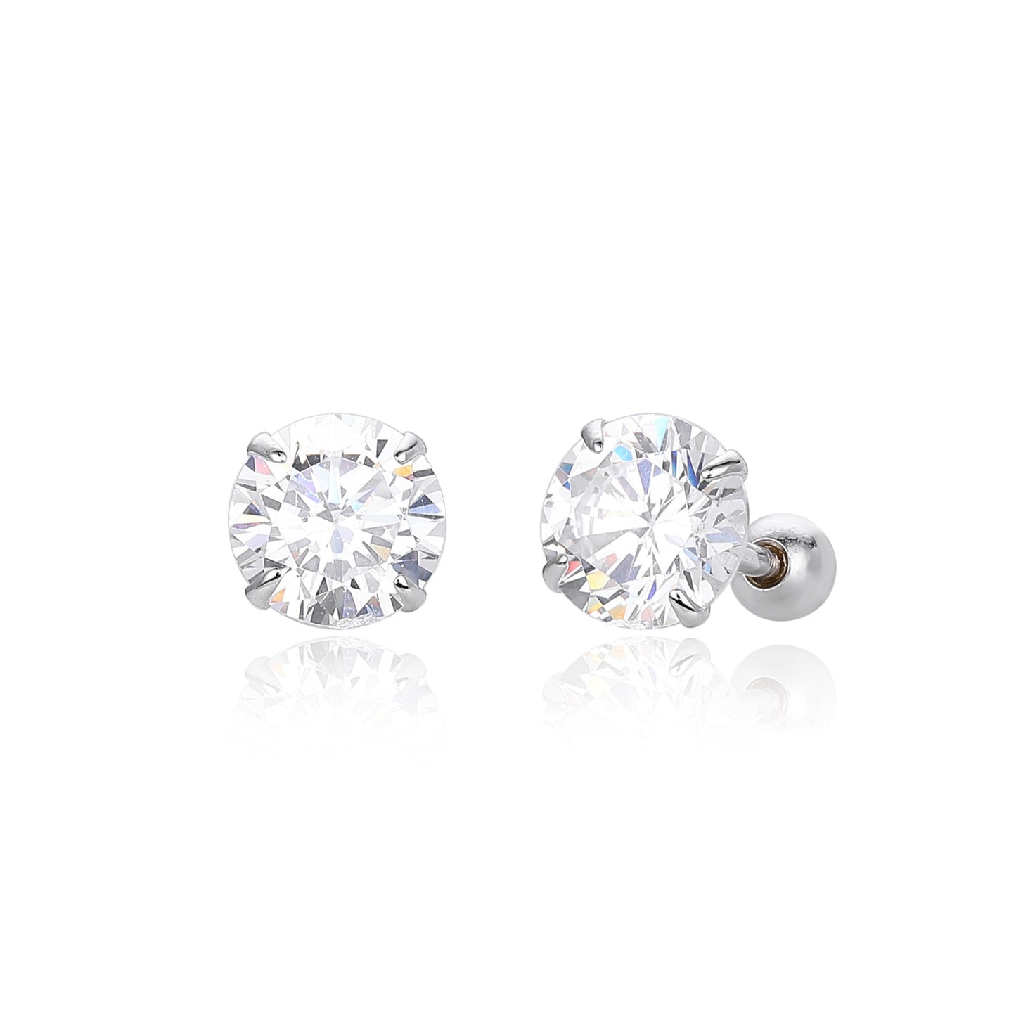 Medium size S925 silver 4-prong round cz stud earrings with ball screw back