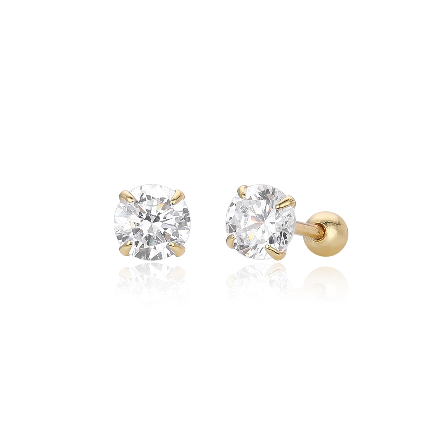 Medium size gold plated 4-prong round cz stud earrings with ball screw back