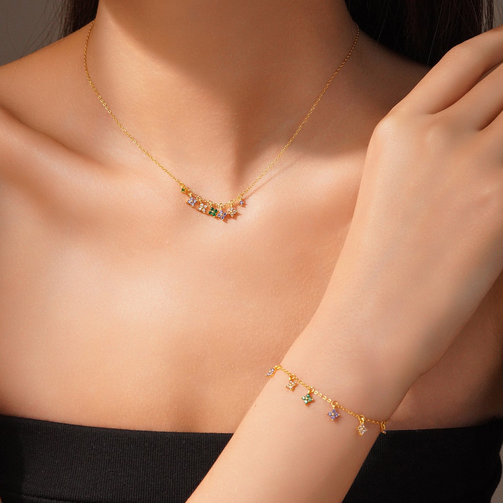 Multi-color clover charm necklace - worn on neck