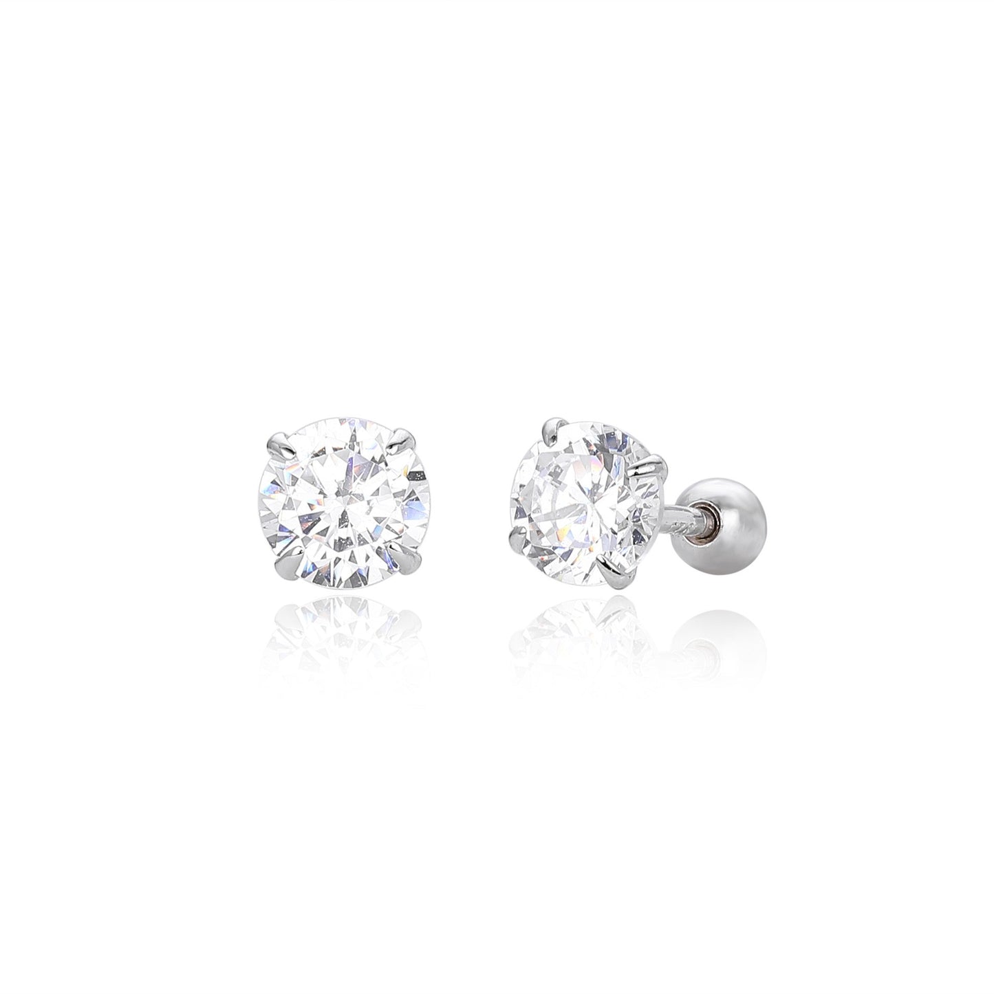 Small size S925 silver 4-prong round cz stud earrings with ball screw back