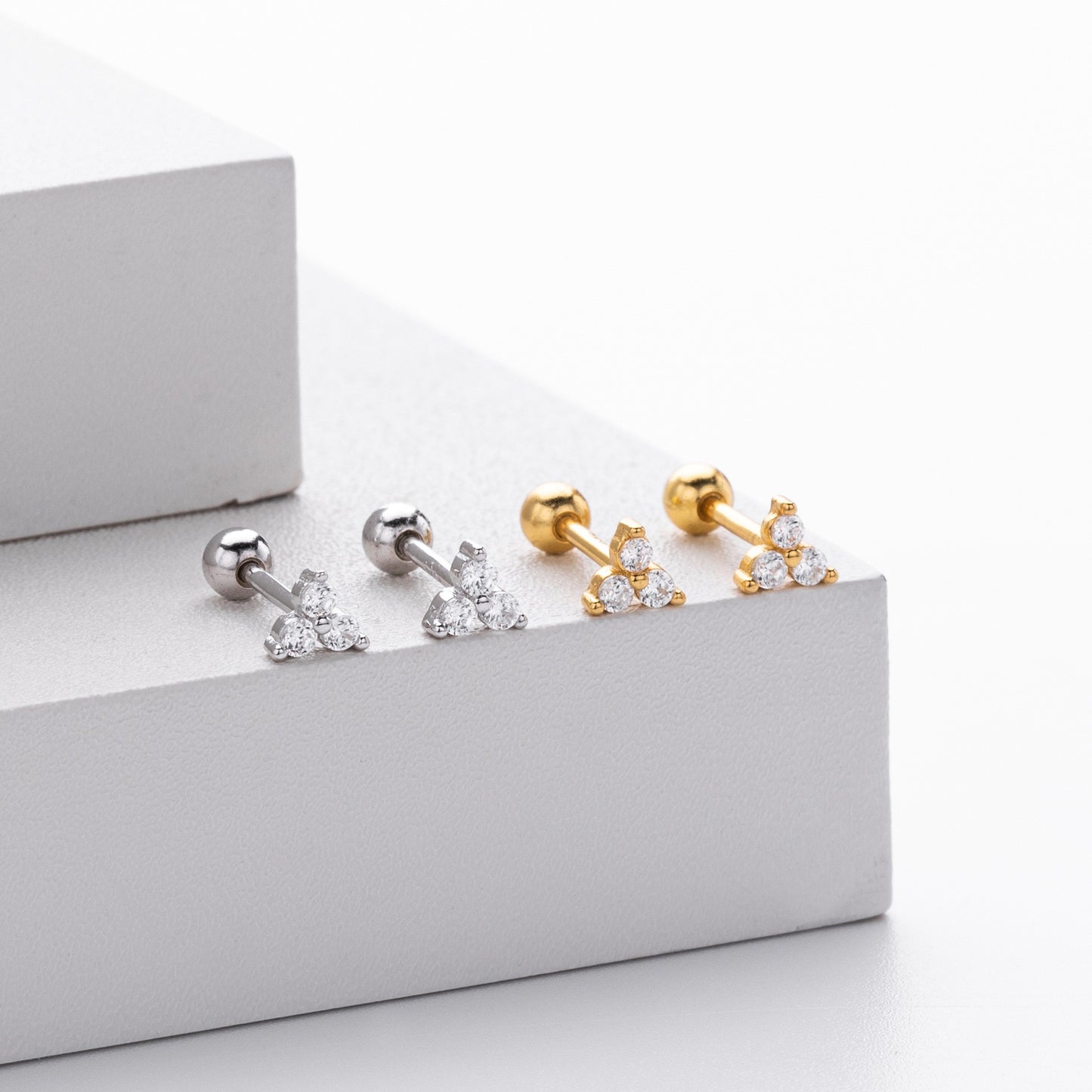 Gold and silver triangle cz screw-back stud earrings set