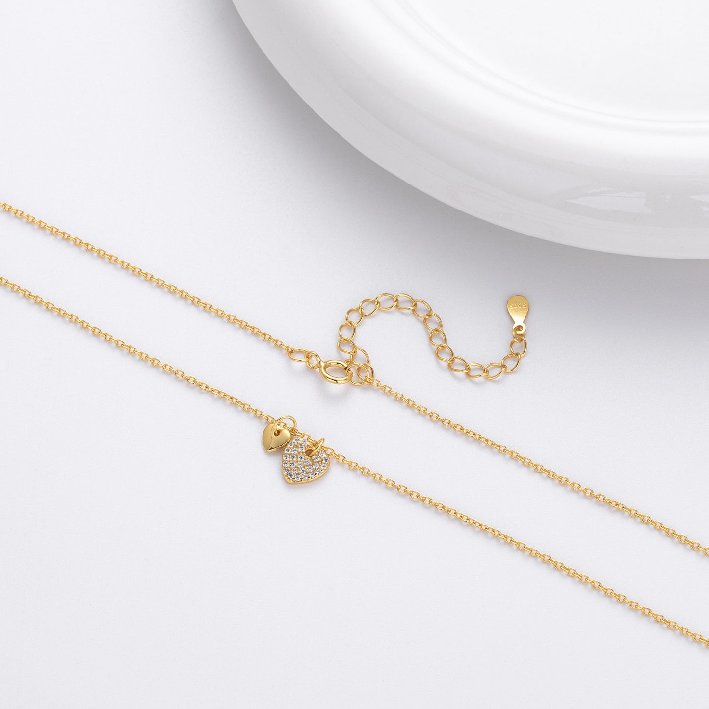 Gold plated dual heart pave cz necklace - clasp detail