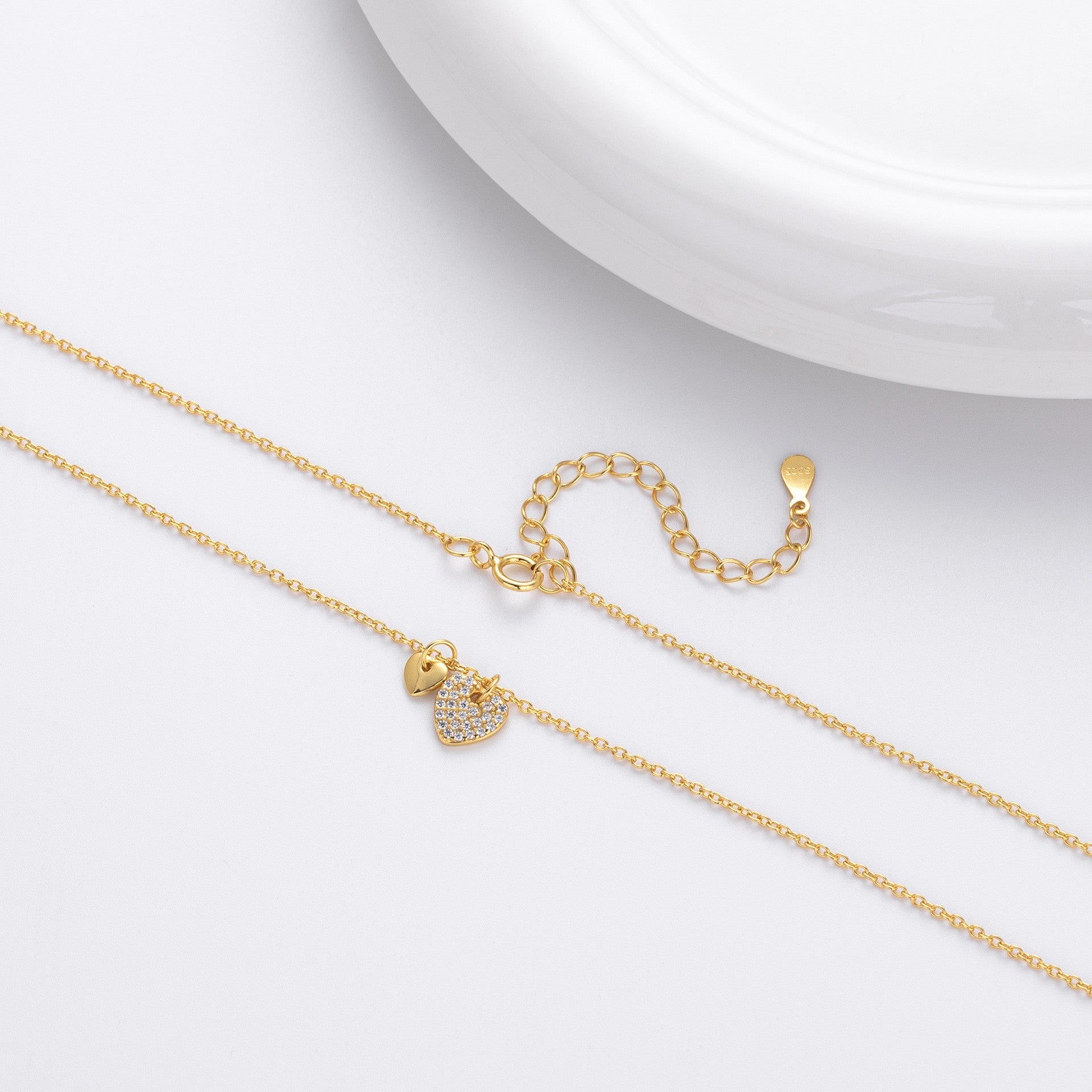 Gold plated dual heart pave cz necklace - clasp detail