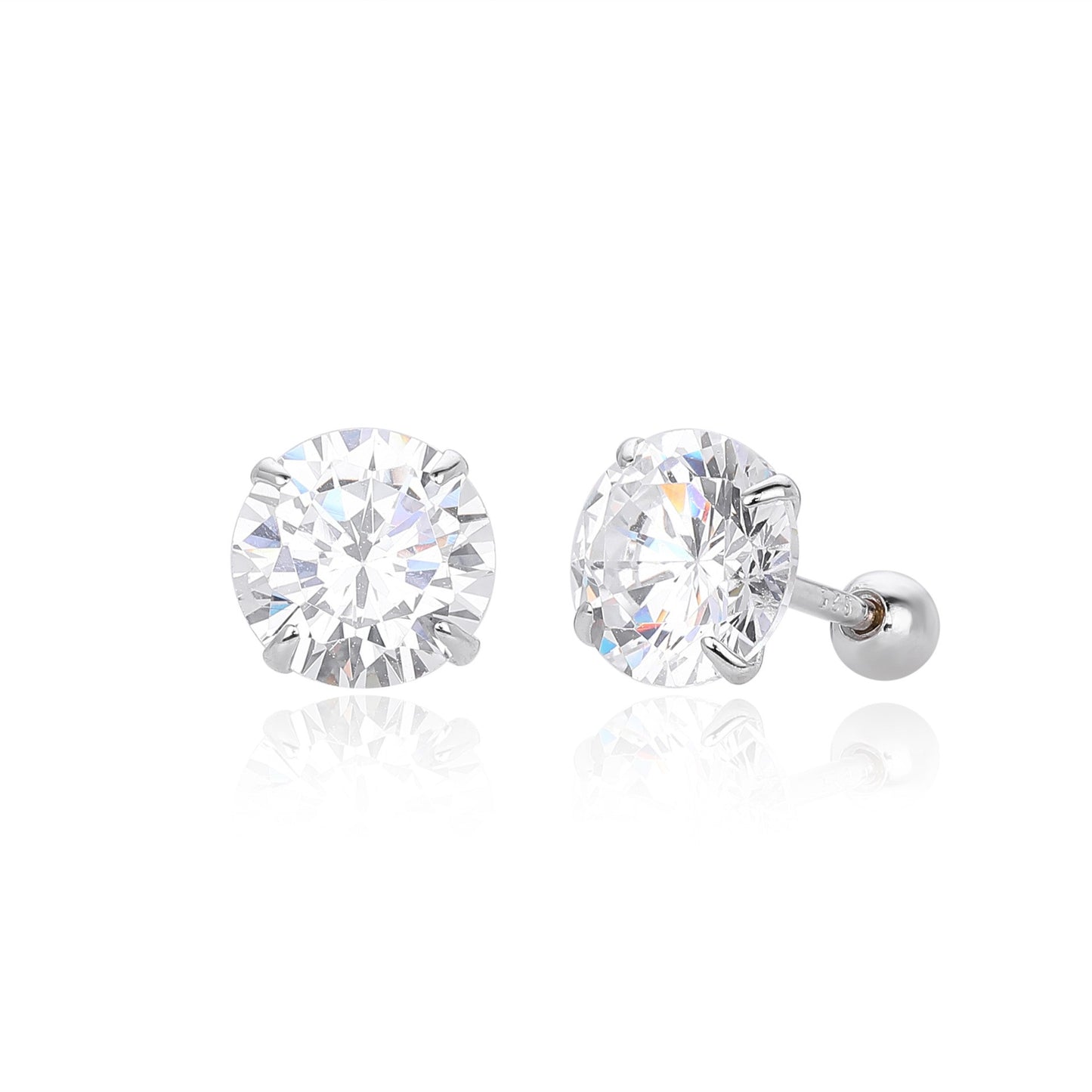 Medium size S925 silver 4-prong round cz stud earrings with ball screw back