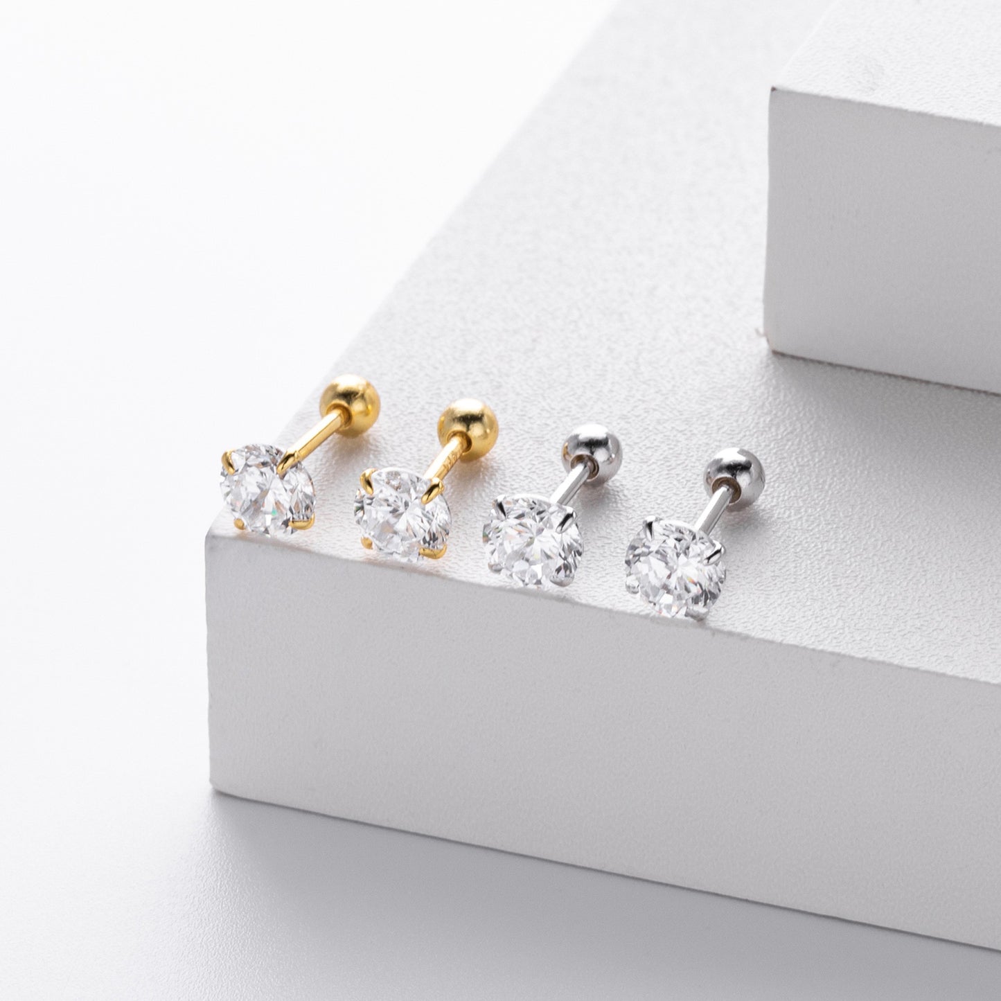 Small size gold plated 4-prong round cz stud earrings with ball screw back