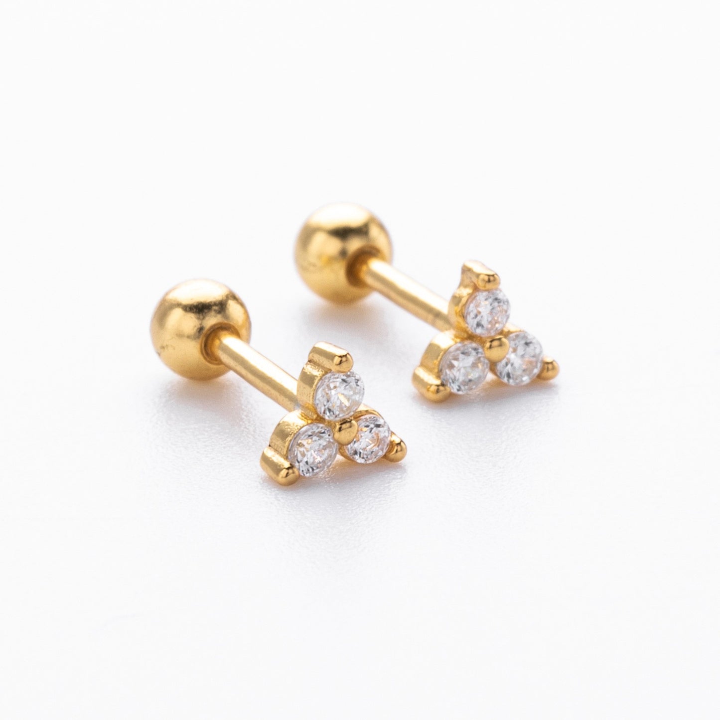 Gold plated triangle cz screw-back stud earrings close-up