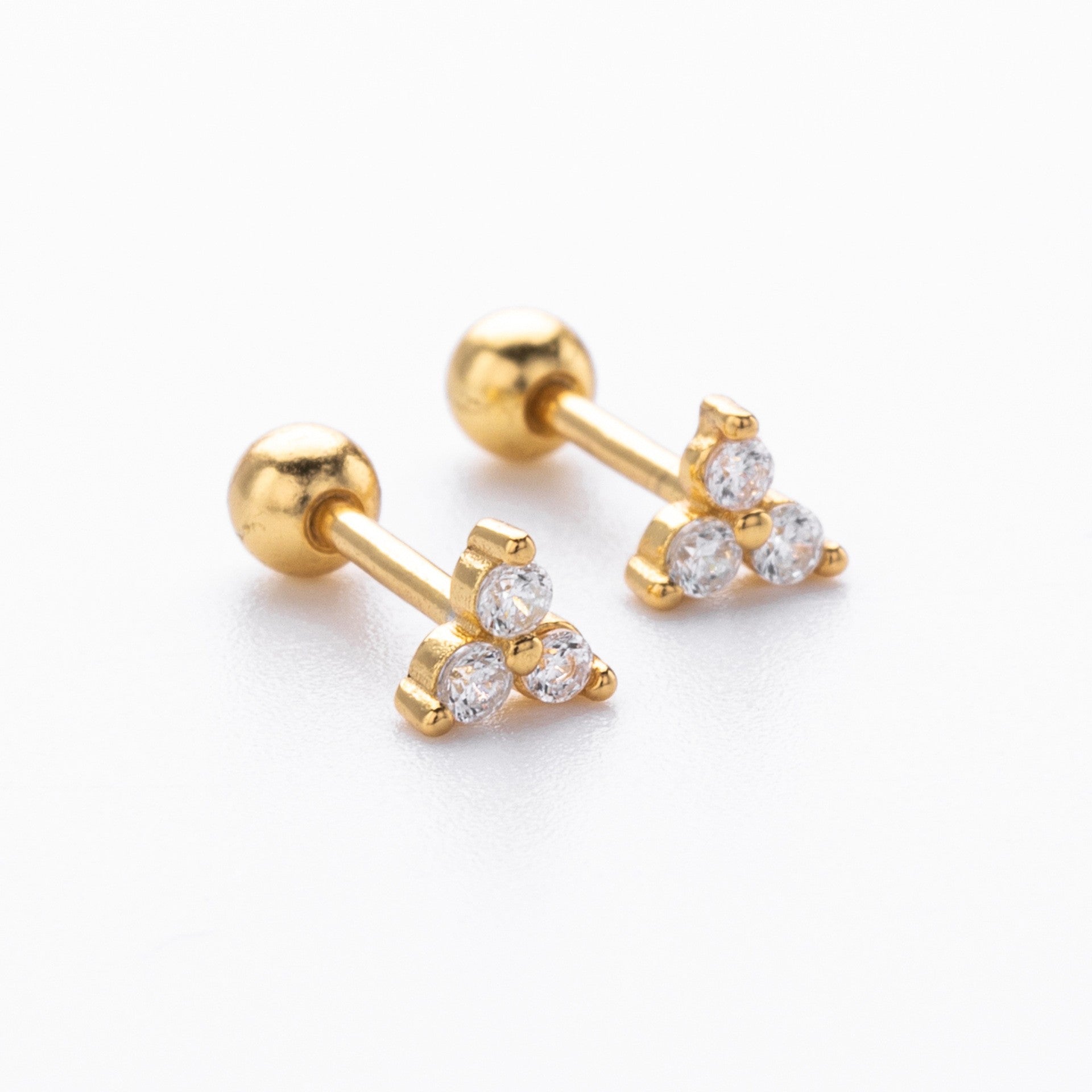 Gold plated triangle cz screw-back stud earrings close-up