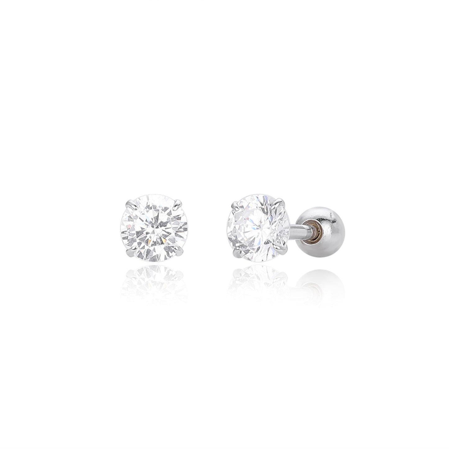 Small size S925 silver 4-prong round cz stud earrings with ball screw back