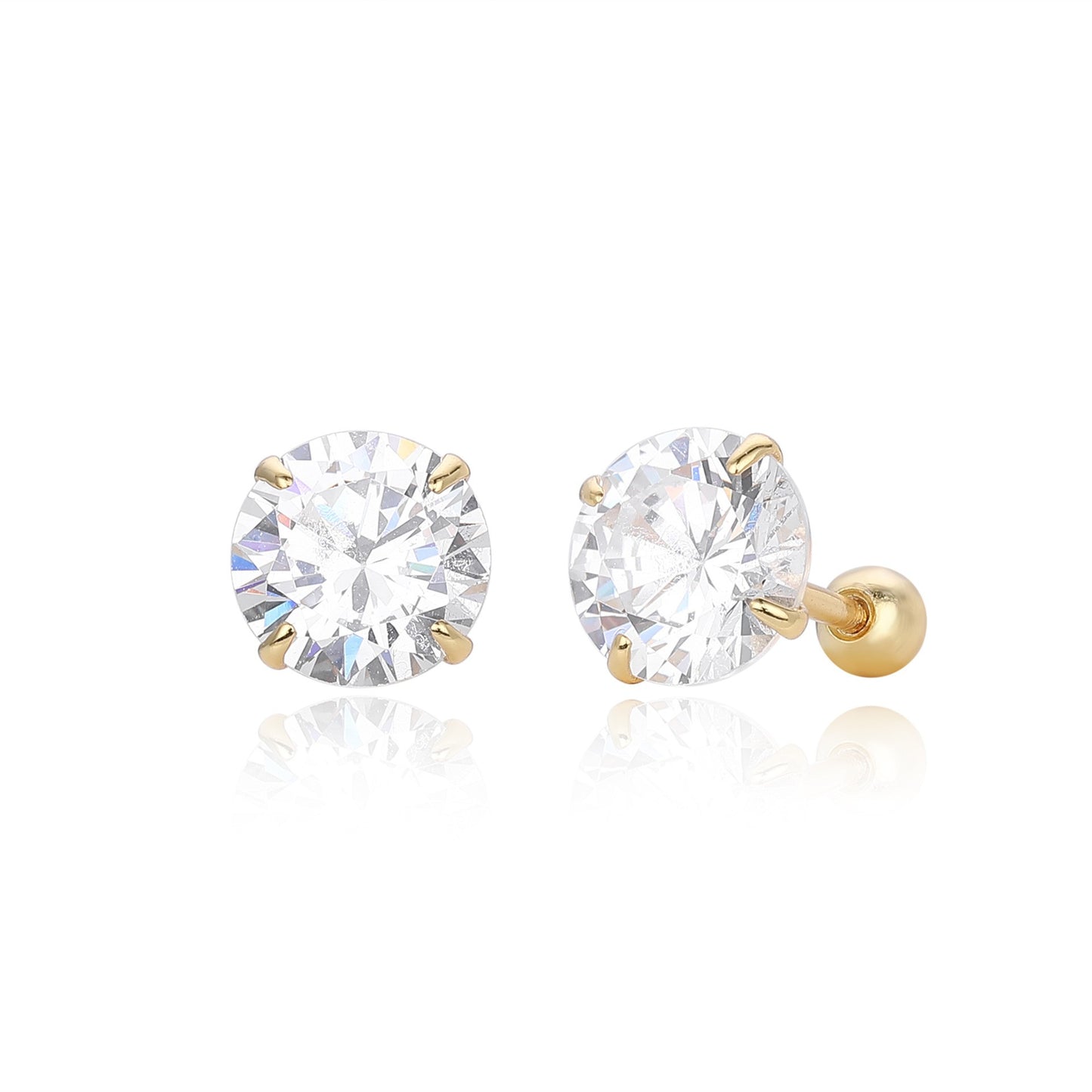 Large size gold plated 4-prong round cz stud earrings with ball screw back