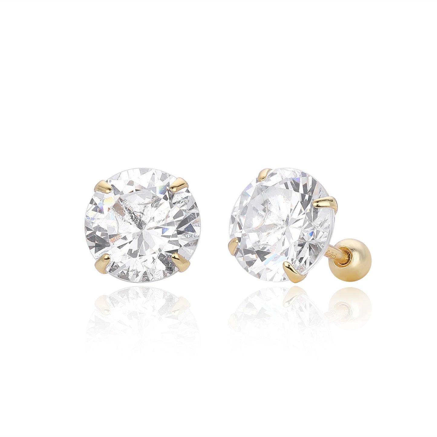 Large size gold plated 4-prong round cz stud earrings with ball screw back