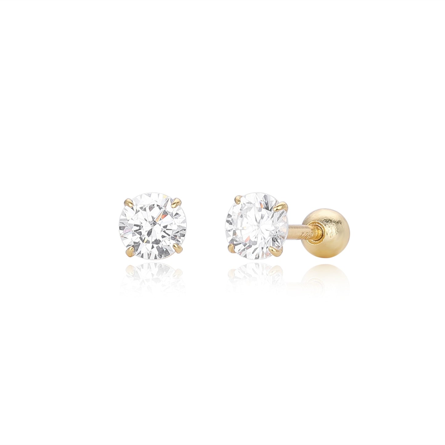 Small size gold plated 4-prong round cz stud earrings with ball screw back