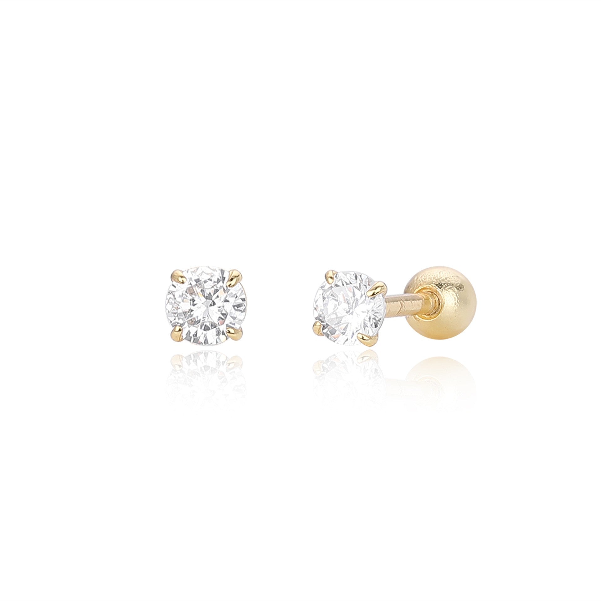 Small size gold plated 4-prong round cz stud earrings with ball screw back