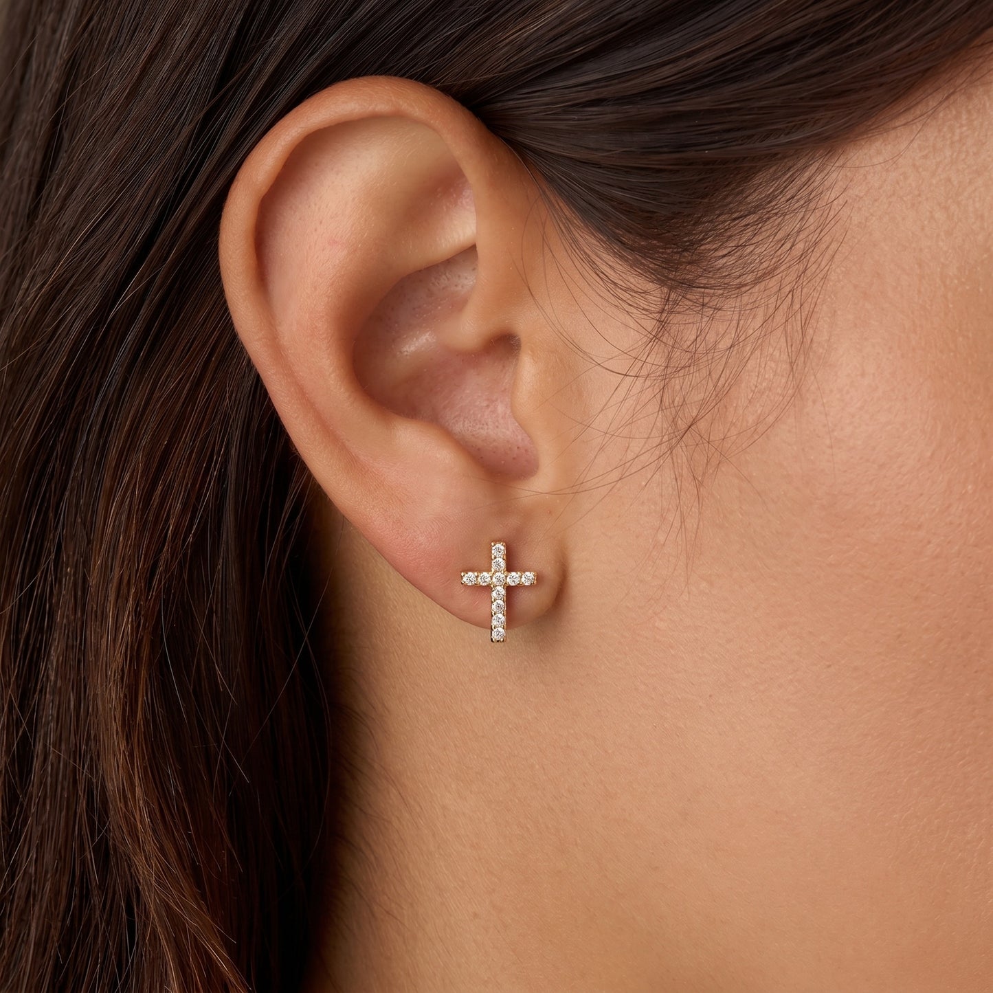 Pave cross stud earrings - worn on ear