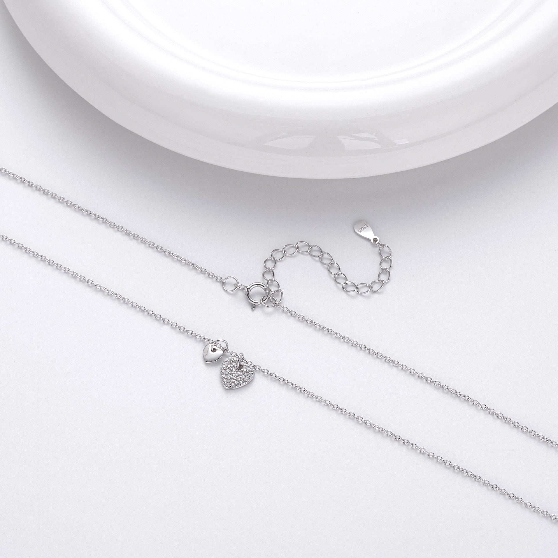S925 silver dual heart pave cubic zirconia necklace